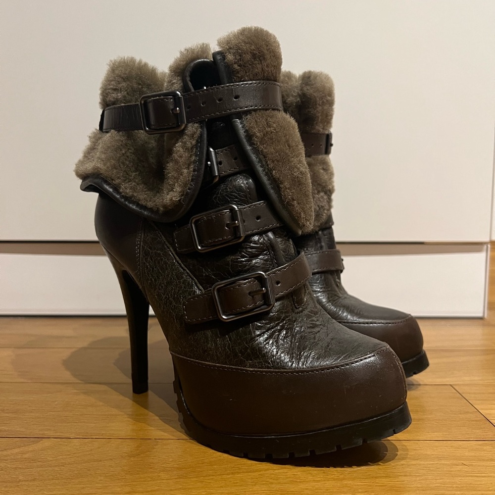 Ash Women’s Brown Enigma Rabbit Fur-Lined Ankle Buckler Boot